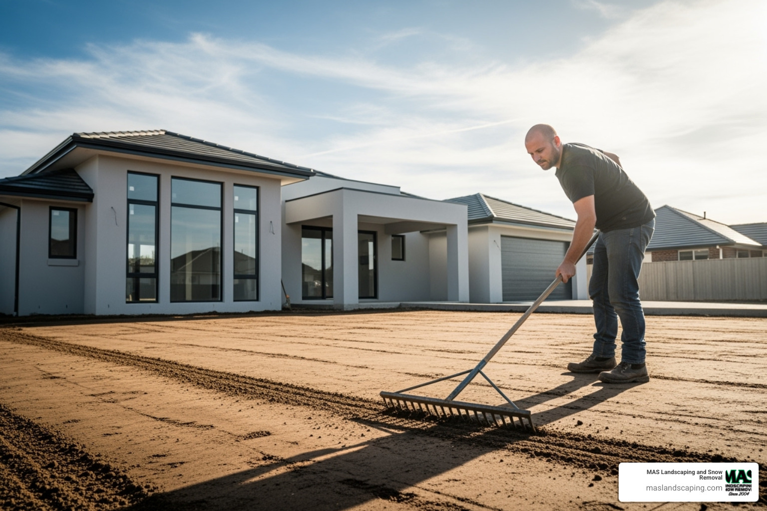 a yard being graded with a rake next to a new house - laying sod on new construction