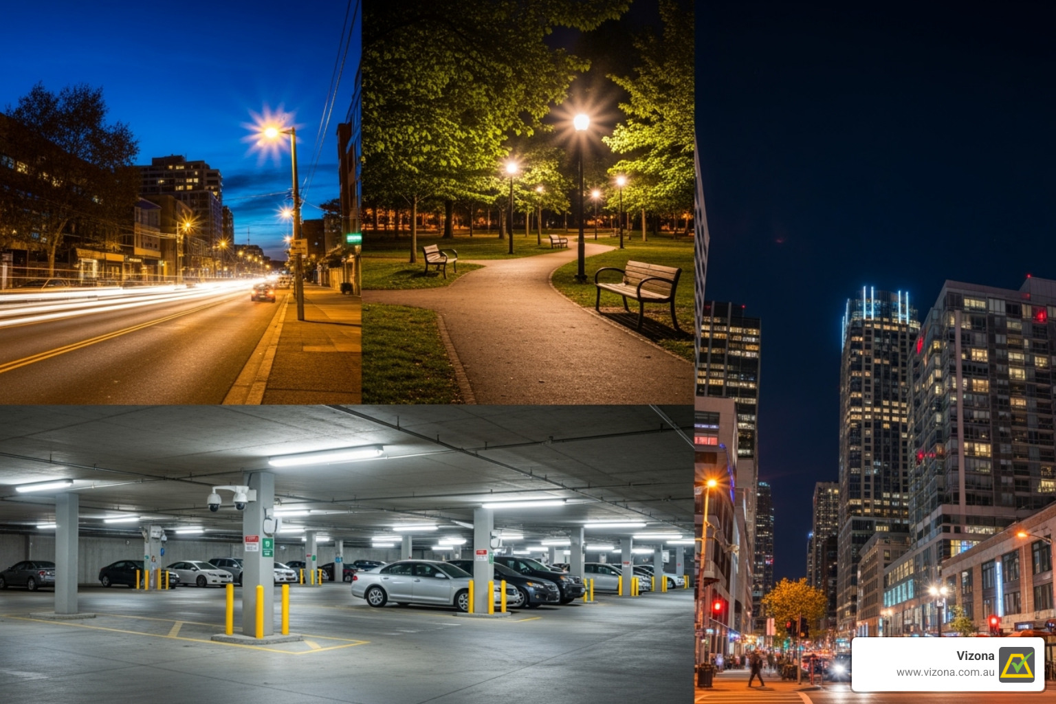 A collage showing a well-lit road, a park at night, a secure car park, and a vibrant urban precinct - urban lights A collage showing a well-lit road, a park at night, a secure car park, and a vibrant urban precinct - urban lights