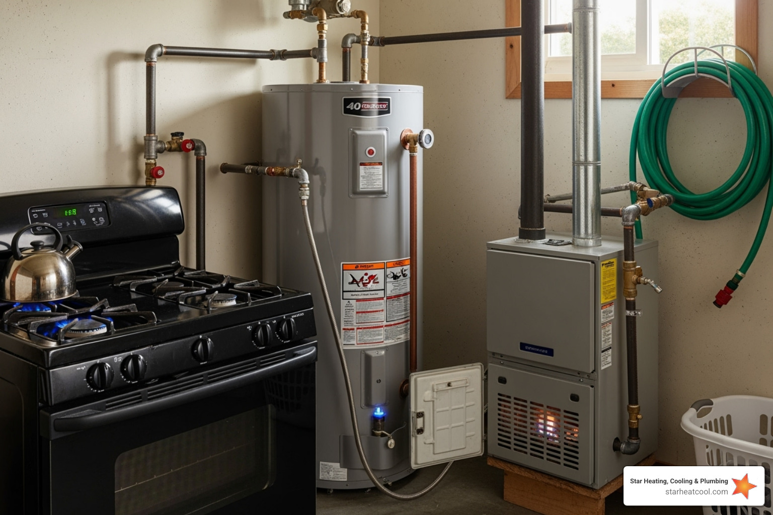 Common household appliances like a gas range, water heater, and furnace, highlighting their potential as sources of carbon monoxide. - 50 ppm co