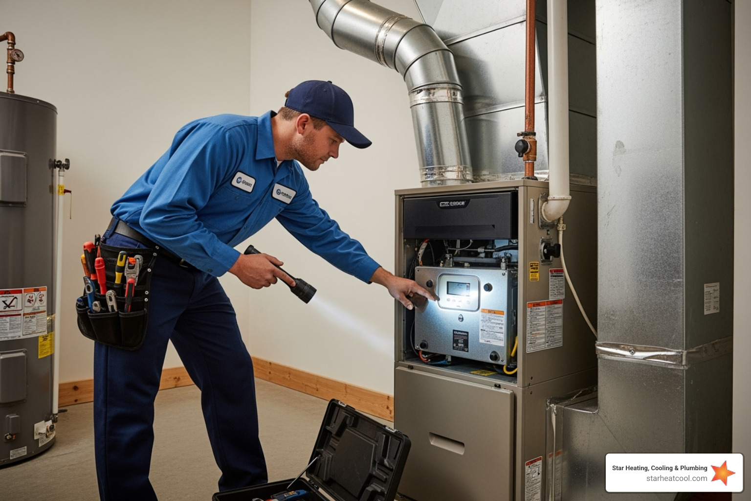 HVAC technician performing a thorough inspection of a home furnace system for optimal performance and safety. - 50 ppm co