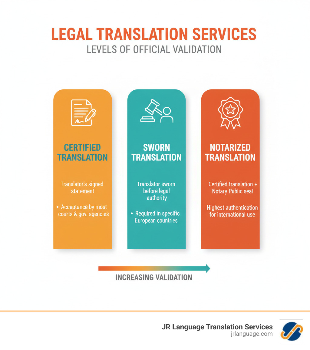 Infographic showing three types of legal translations: Certified Translation (includes translator's signed statement of accuracy, accepted by most courts and government agencies), Sworn Translation (translator sworn before legal authority, required in specific jurisdictions like some European countries), and Notarized Translation (certified translation plus notary public seal, highest authentication level for international use). Each type shows increasing levels of official validation. - legal translation services infographic Infographic showing three types of legal translations: Certified Translation (includes translator's signed statement of accuracy, accepted by most courts and government agencies), Sworn Translation (translator sworn before legal authority, required in specific jurisdictions like some European countries), and Notarized Translation (certified translation plus notary public seal, highest authentication level for international use). Each type shows increasing levels of official validation. - legal translation services infographic
