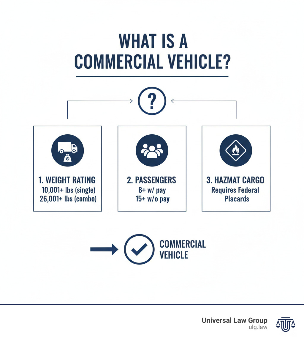 Infographic showing three main factors defining a commercial vehicle: 1) Gross Vehicle Weight Rating - 10,001+ lbs for single vehicle or 26,001+ lbs for combination vehicles, 2) Passenger Capacity - 8+ passengers for compensation or 15+ without compensation, 3) Hazardous Materials - Any vehicle transporting hazmat requiring federal placards. Background color #13244E with clear icons and flowchart layout. - what is a commercial vehicle infographic Infographic showing three main factors defining a commercial vehicle: 1) Gross Vehicle Weight Rating - 10,001+ lbs for single vehicle or 26,001+ lbs for combination vehicles, 2) Passenger Capacity - 8+ passengers for compensation or 15+ without compensation, 3) Hazardous Materials - Any vehicle transporting hazmat requiring federal placards. Background color #13244E with clear icons and flowchart layout. - what is a commercial vehicle infographic