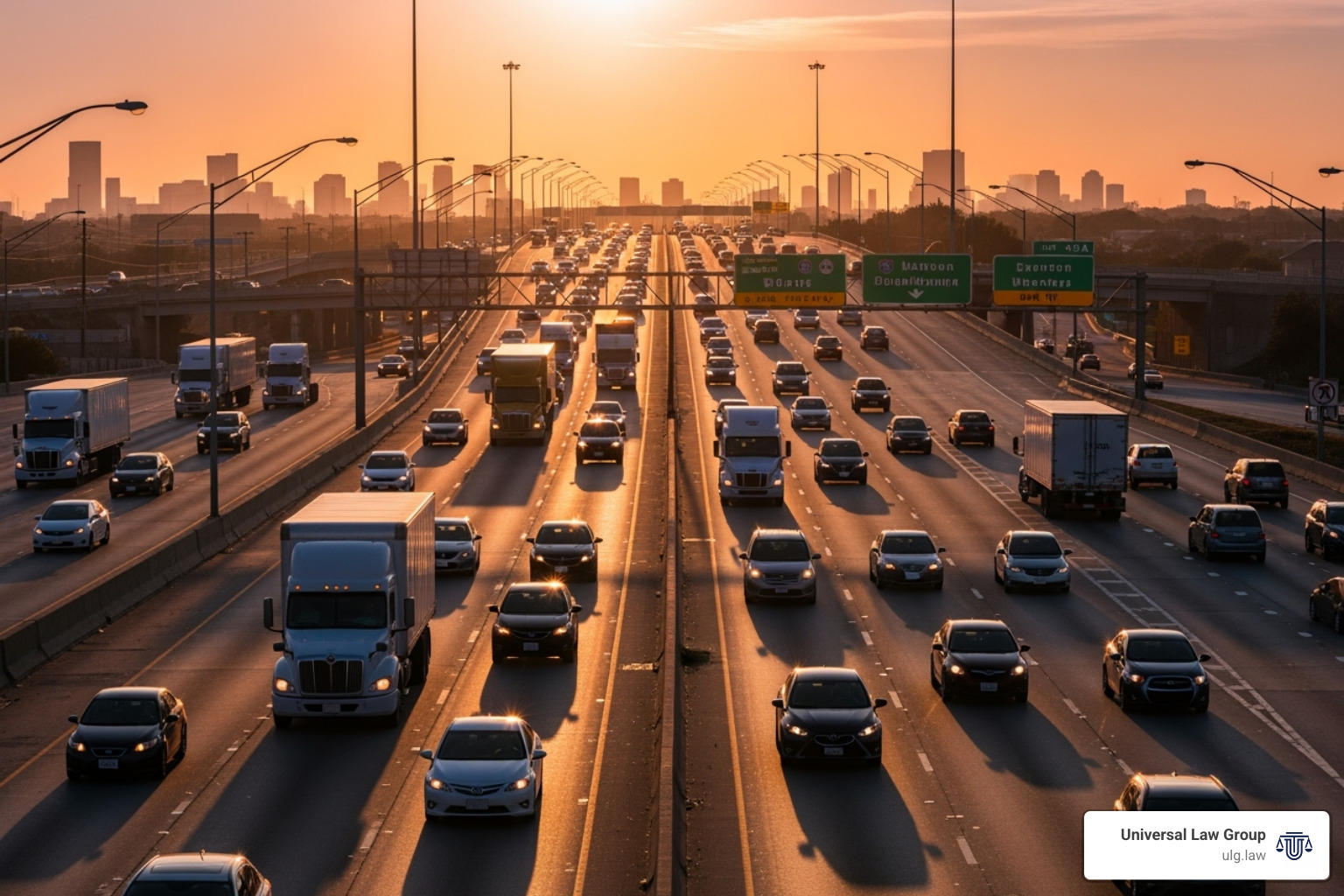 A busy Houston highway at sunset, with a mix of commercial trucks and passenger cars, highlighting the coexistence of different vehicle types in urban traffic. - what is a commercial vehicle A busy Houston highway at sunset, with a mix of commercial trucks and passenger cars, highlighting the coexistence of different vehicle types in urban traffic. - what is a commercial vehicle