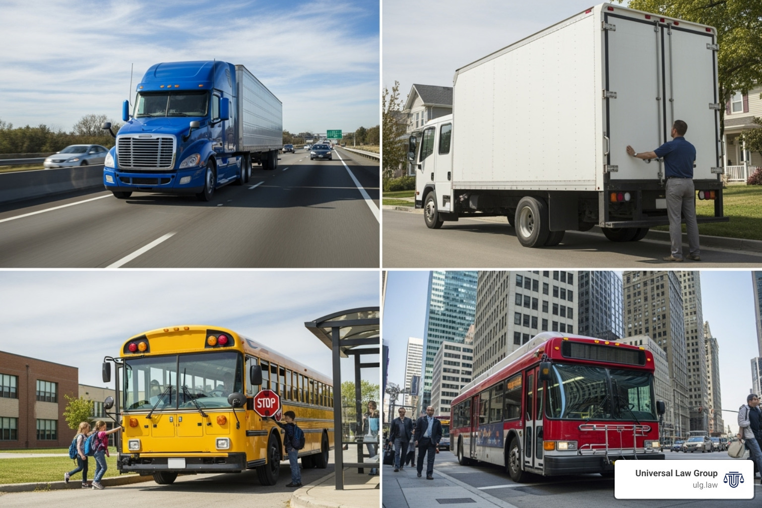 A collage featuring various commercial vehicles: a semi-truck on a highway, a delivery box truck making a stop, a yellow school bus, and a city transit bus. - what is a commercial vehicle A collage featuring various commercial vehicles: a semi-truck on a highway, a delivery box truck making a stop, a yellow school bus, and a city transit bus. - what is a commercial vehicle