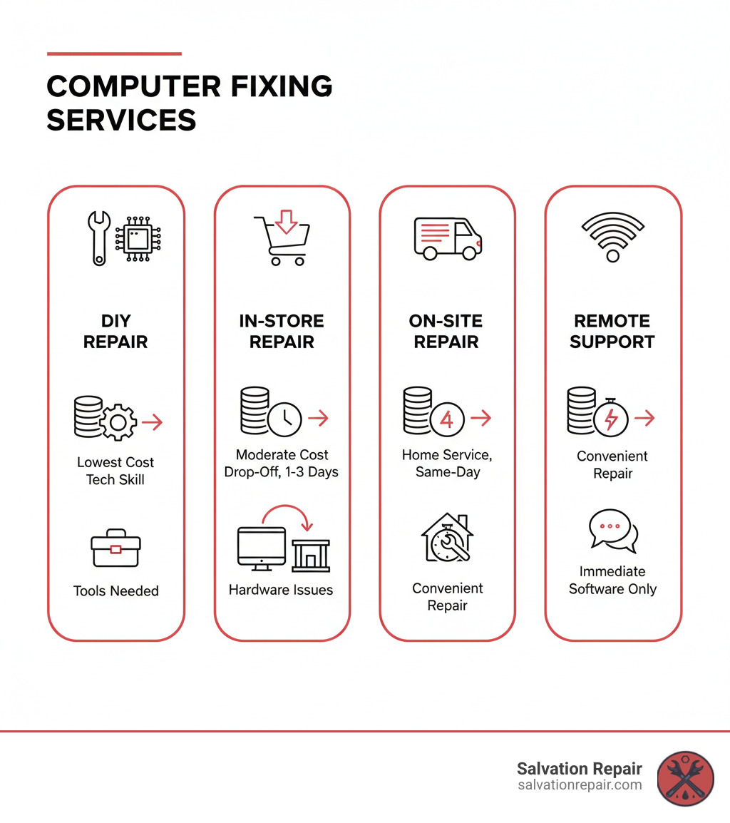 Infographic showing four main types of computer repair services: DIY Repair (lowest cost, requires technical skill, tools needed), In-Store Repair (moderate cost, drop-off required, 1-3 day turnaround), On-Site Repair (higher cost, convenient home service, same-day available), and Remote Support (lowest cost, software issues only, immediate service possible). Each type includes icons for cost range, time requirements, and best use cases. - computer fixing services infographic