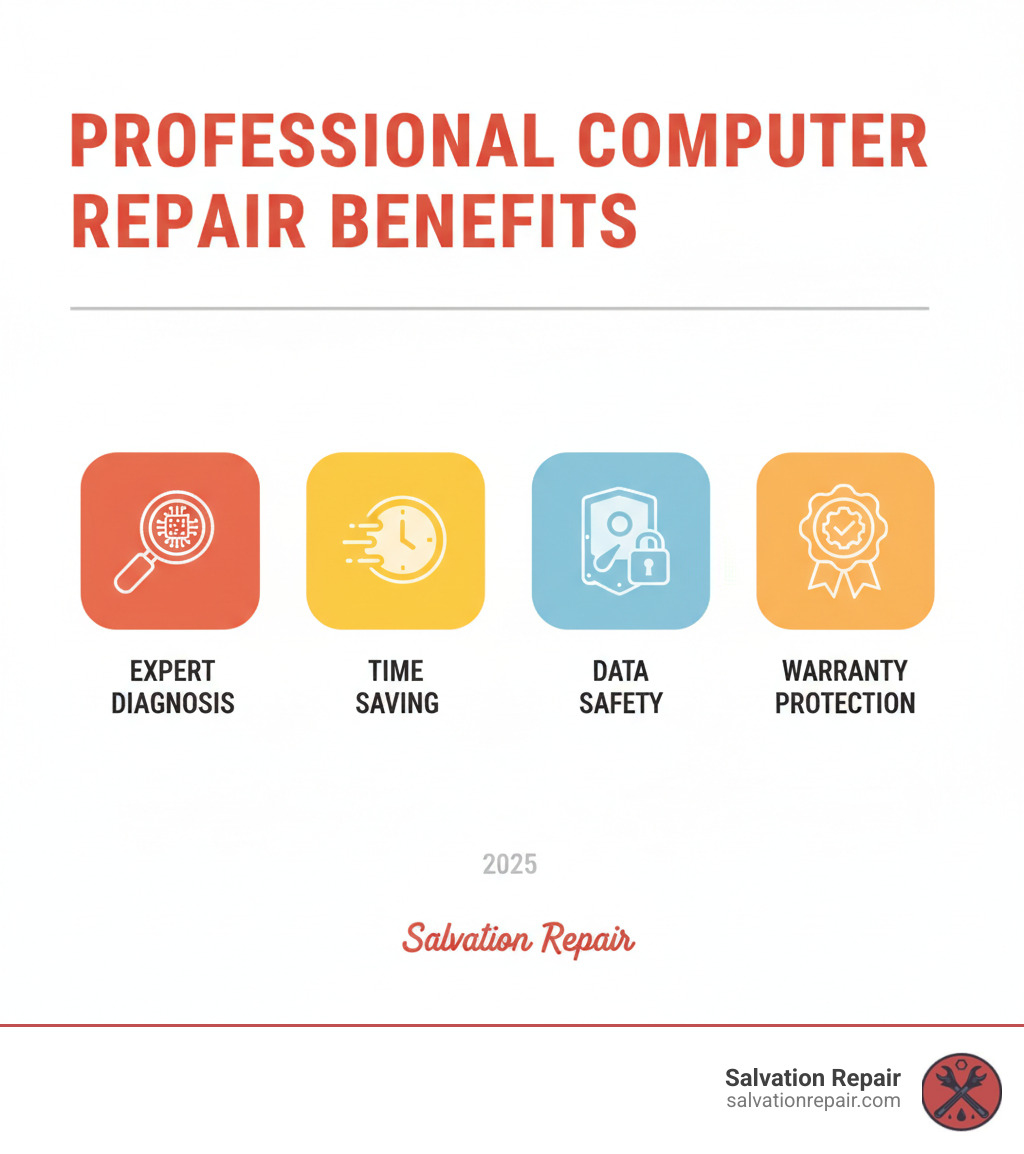 infographic summarizing key benefits of professional computer repair services, including"Expert Diagnosis,""Time-Saving,""Data Safety," and"Warranty Protection" - computer fixing services infographic