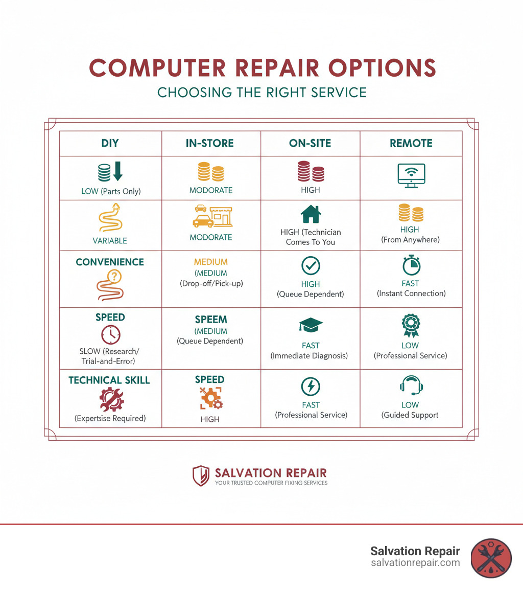 table comparing DIY vs. In-Store vs. On-Site vs. Remote Repair on Cost, Convenience, Speed, and Technical Skill Required - computer fixing services infographic