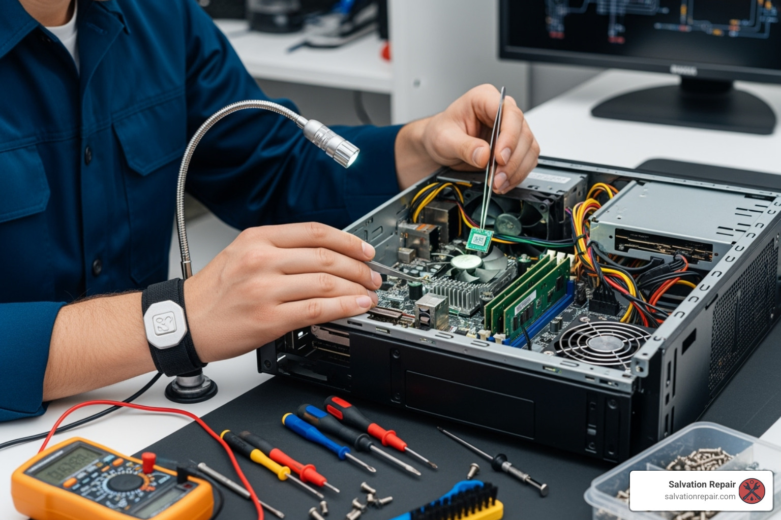 technician examining the internal components of a desktop computer - computer fixing services