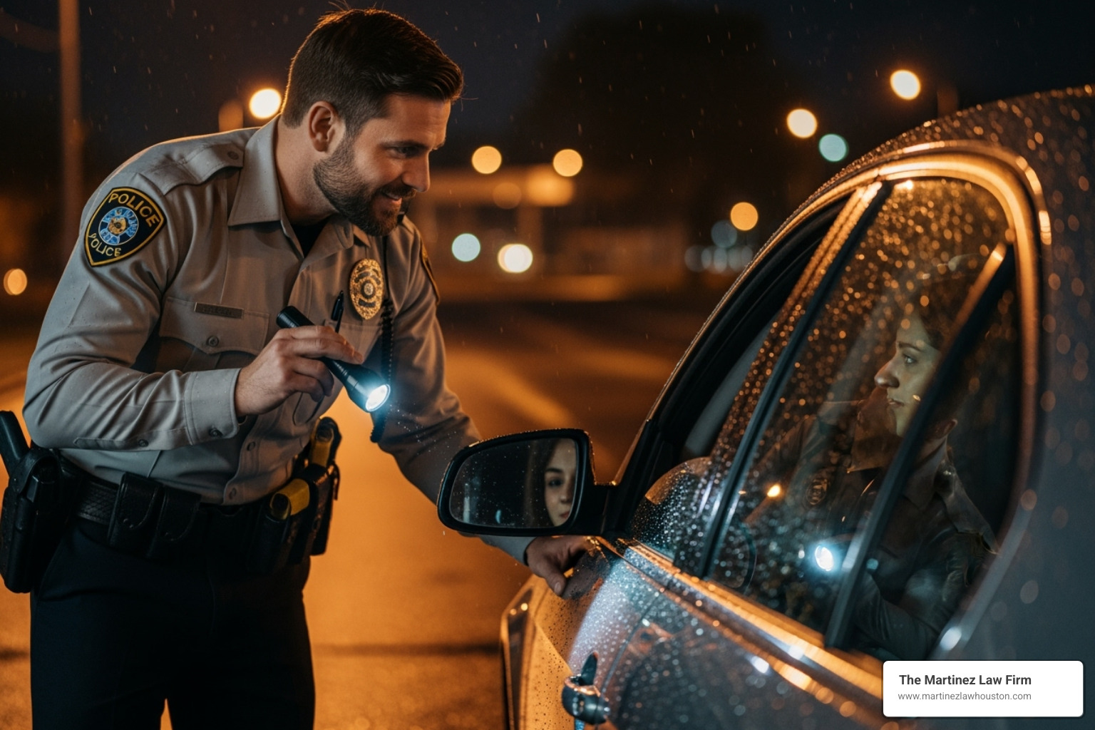 Police officer looking into a car window - Harris County DWI attorney Police officer looking into a car window - Harris County DWI attorney