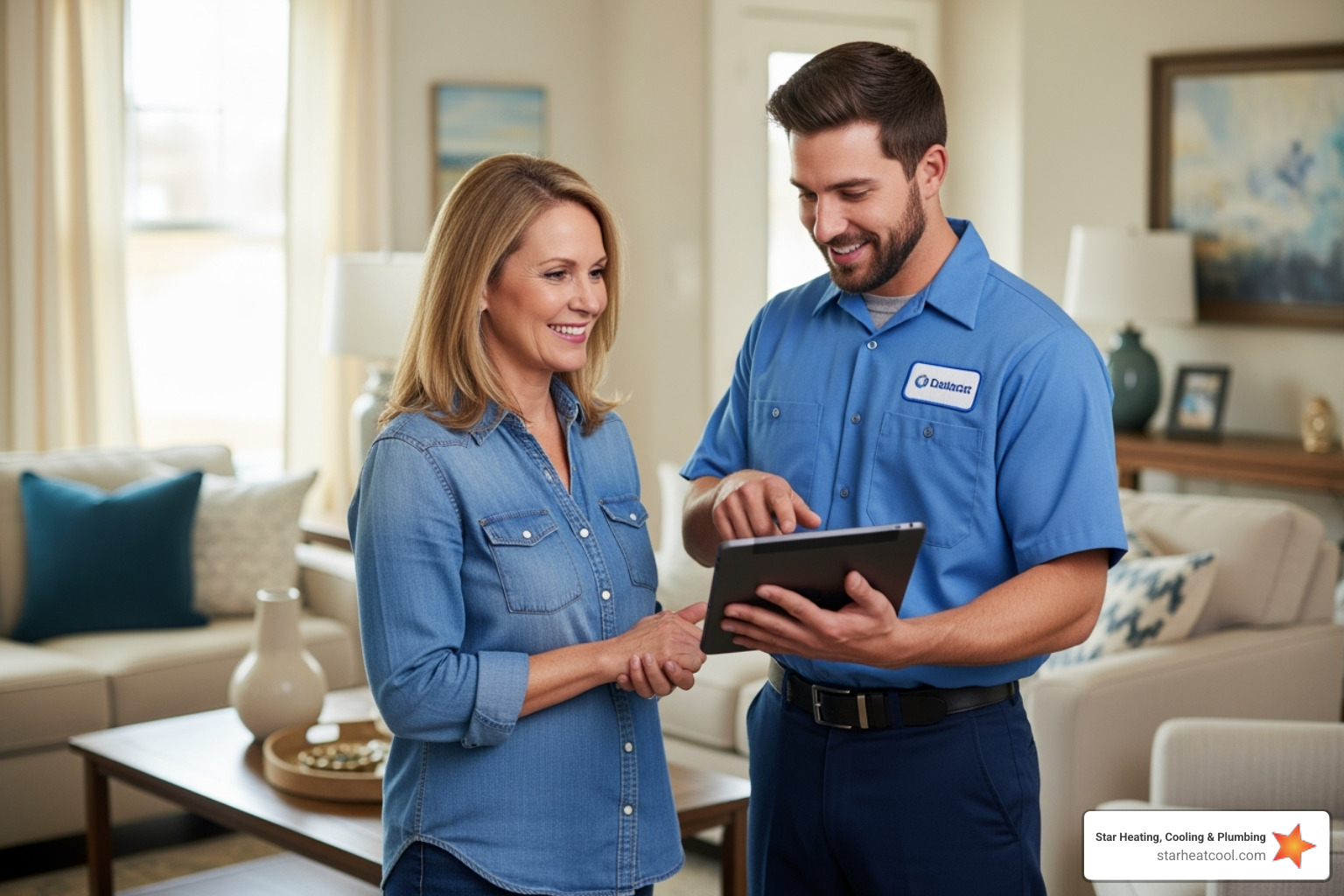 A friendly technician talking with a homeowner - affordable heating services service in fishers in