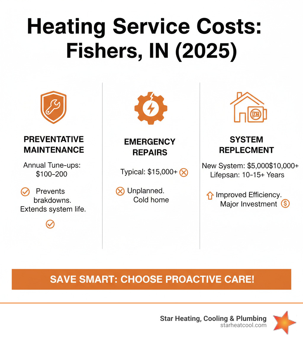 Comparison of heating service costs showing maintenance vs emergency repairs and system replacement options in Fishers IN - affordable heating services service in fishers in infographic 