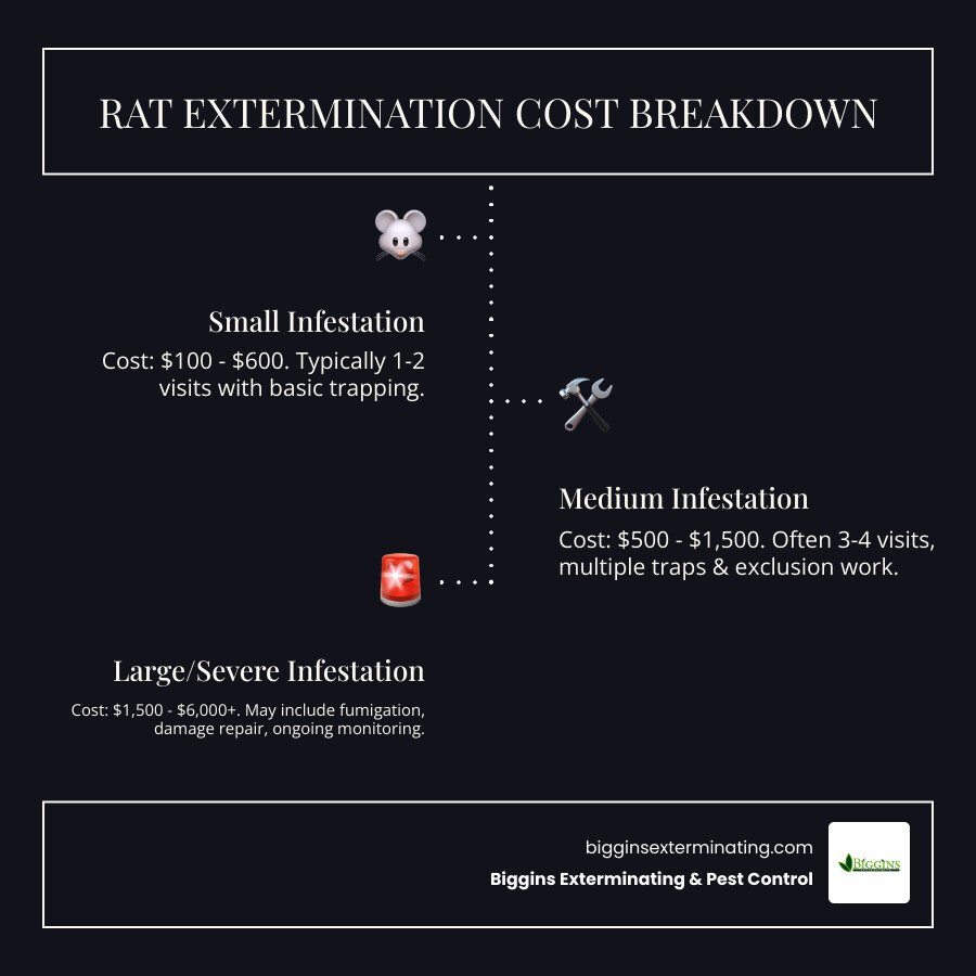 Infographic showing rat extermination pricing breakdown: Small infestation $100-$600 with 1-2 service visits and basic trapping; Medium infestation $500-$1,500 with 3-4 visits, multiple traps and exclusion work; Large infestation $1,500-$6,000+ with extensive fumigation, damage repair, and ongoing monitoring. Key cost factors include: infestation severity, property size, location accessibility, treatment method, and repair needs. Fall and winter note: Prices may increase as rodents seek indoor shelter during cold months. - price for rat extermination infographic infographic-line-3-steps-dark