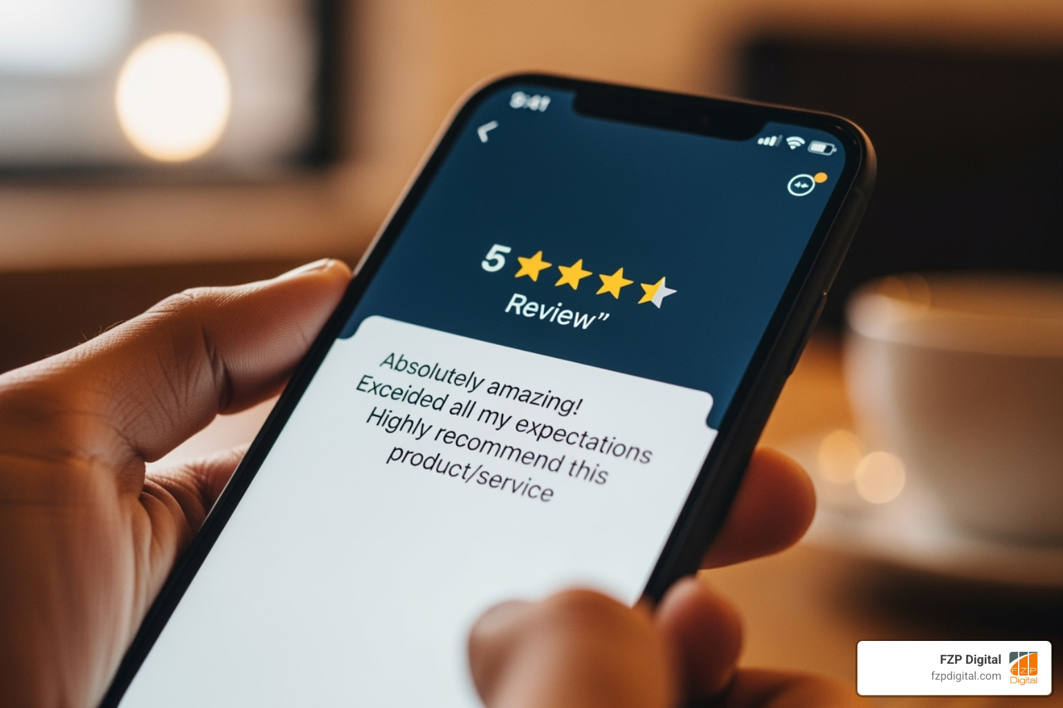 5-star review on a screen - improve business reputation 5-star review on a screen - improve business reputation