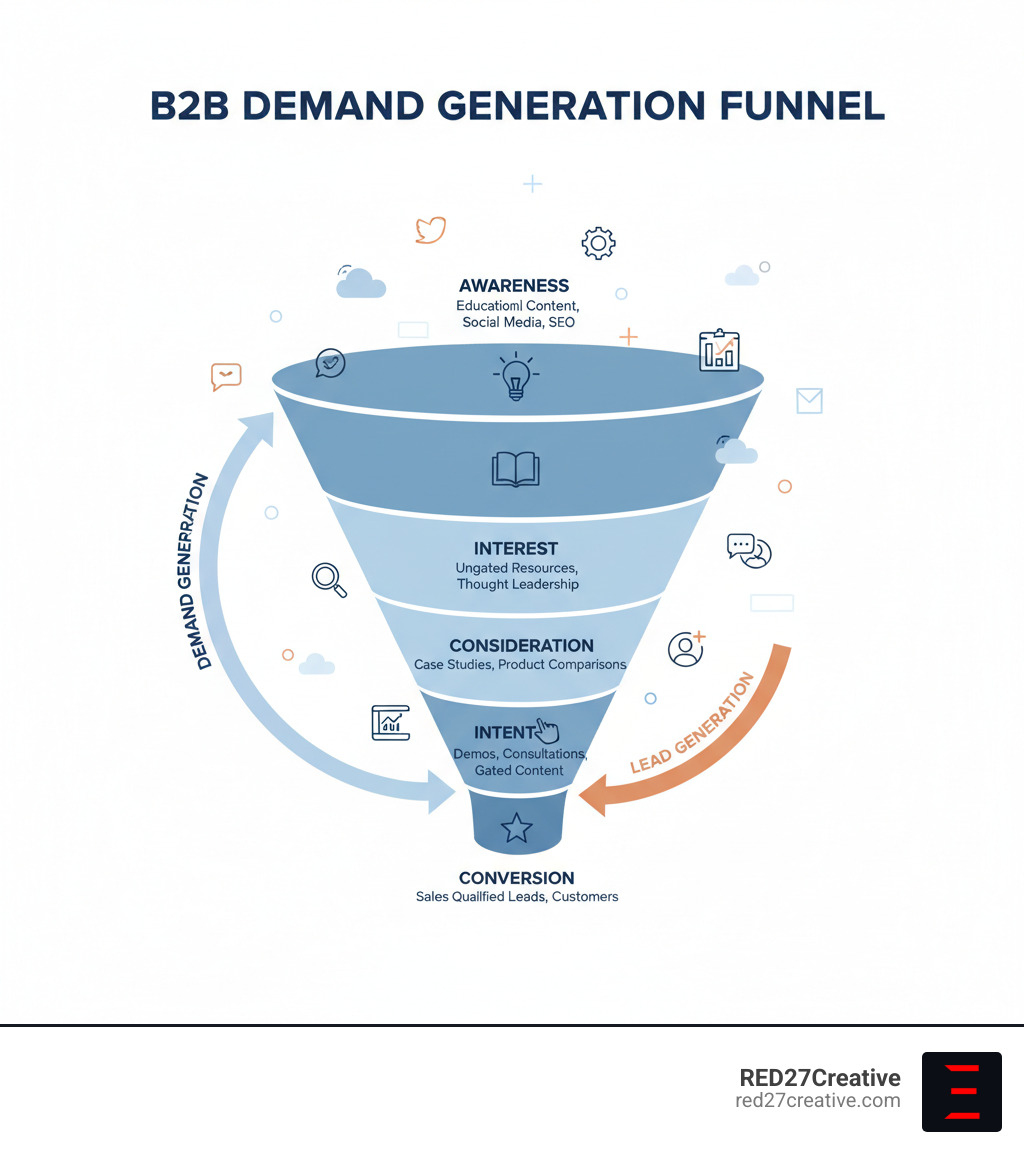 Infographic showing the B2B demand generation funnel with five stages: Awareness (top of funnel - educational content, social media, SEO), Interest (ungated resources, webinars, thought leadership), Consideration (case studies, product comparisons), Intent (demos, consultations, gated content), and Conversion (sales qualified leads, customers). The funnel shows demand generation activities spanning the entire journey while lead generation focuses on the bottom stages. - b2b demand generation infographic Infographic showing the B2B demand generation funnel with five stages: Awareness (top of funnel - educational content, social media, SEO), Interest (ungated resources, webinars, thought leadership), Consideration (case studies, product comparisons), Intent (demos, consultations, gated content), and Conversion (sales qualified leads, customers). The funnel shows demand generation activities spanning the entire journey while lead generation focuses on the bottom stages. - b2b demand generation infographic
