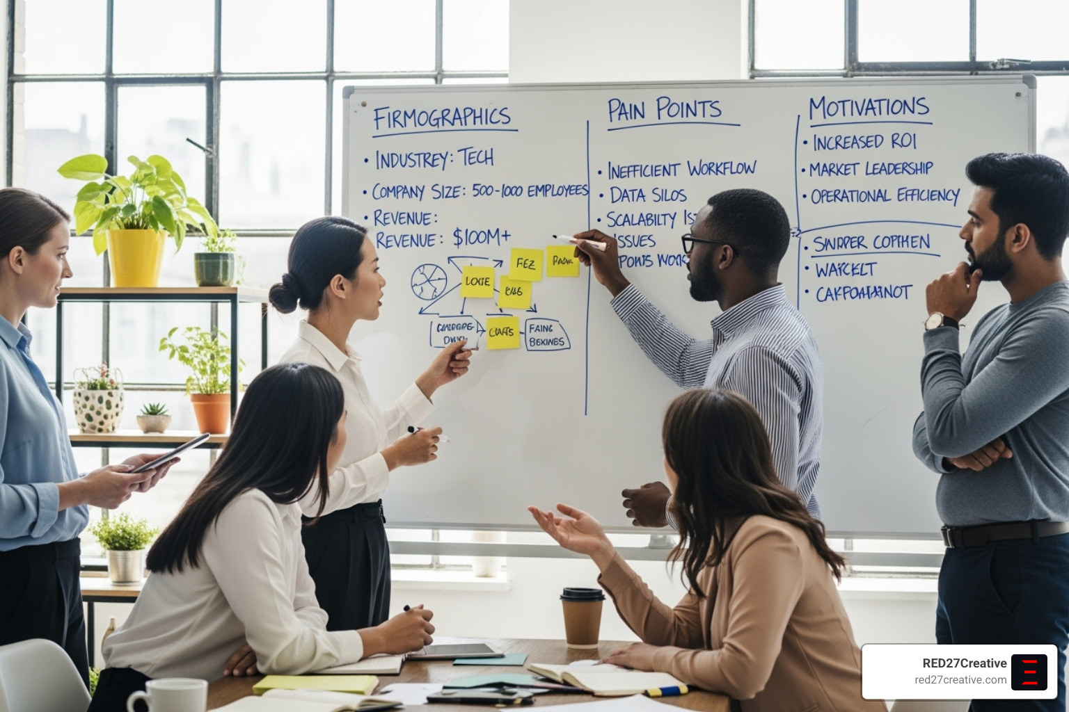 A team collaborating on a customer profile, detailing firmographics, pain points, and motivations. - b2b demand generation A team collaborating on a customer profile, detailing firmographics, pain points, and motivations. - b2b demand generation