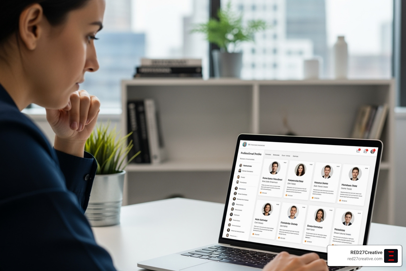 A person carefully reviewing professional profiles on a laptop, symbolizing the selection process. - fractional CMO services A person carefully reviewing professional profiles on a laptop, symbolizing the selection process. - fractional CMO services