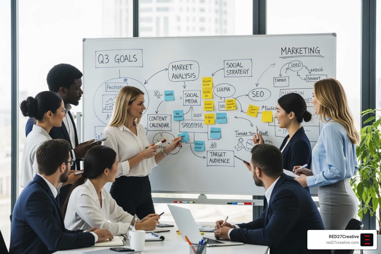 A diverse marketing team collaborating around a whiteboard filled with strategic notes and diagrams. - fractional CMO services A diverse marketing team collaborating around a whiteboard filled with strategic notes and diagrams. - fractional CMO services