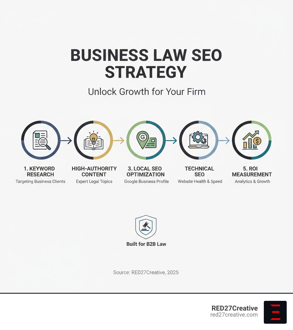Business law SEO strategy infographic showing the key components: keyword research targeting business clients, high-authority content creation, local SEO optimization with Google Business Profile, technical website optimization, and ROI measurement through analytics - Business law SEO infographic Business law SEO strategy infographic showing the key components: keyword research targeting business clients, high-authority content creation, local SEO optimization with Google Business Profile, technical website optimization, and ROI measurement through analytics - Business law SEO infographic