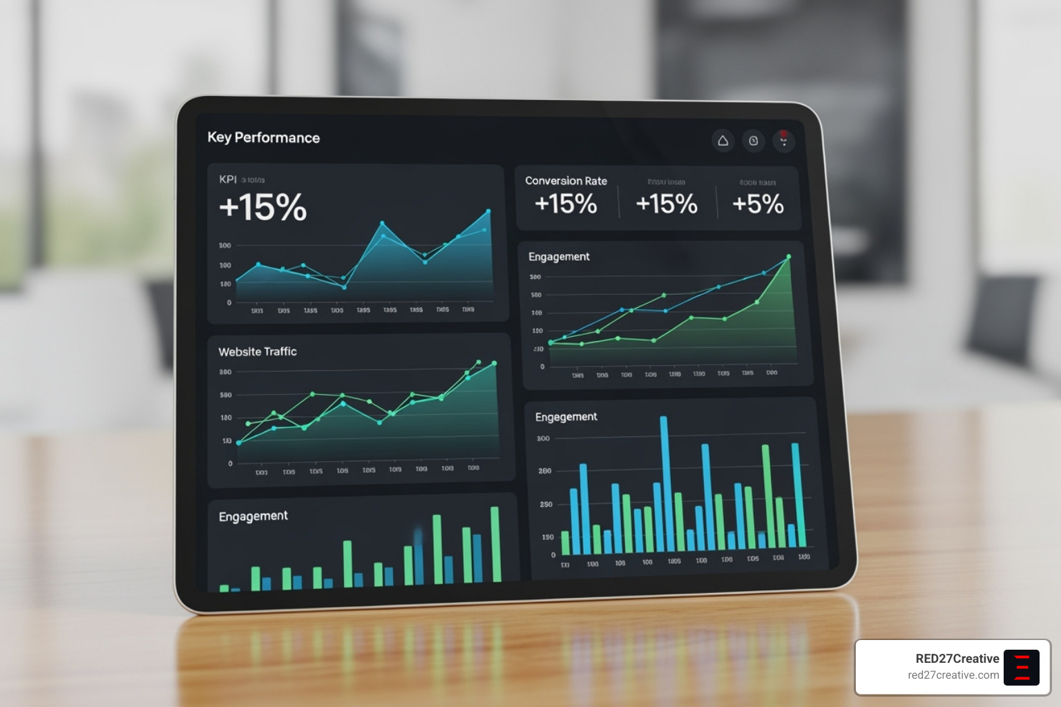 A clean, modern analytics dashboard on a tablet screen, showing positive trends in key marketing metrics. - fractional CMO services A clean, modern analytics dashboard on a tablet screen, showing positive trends in key marketing metrics. - fractional CMO services