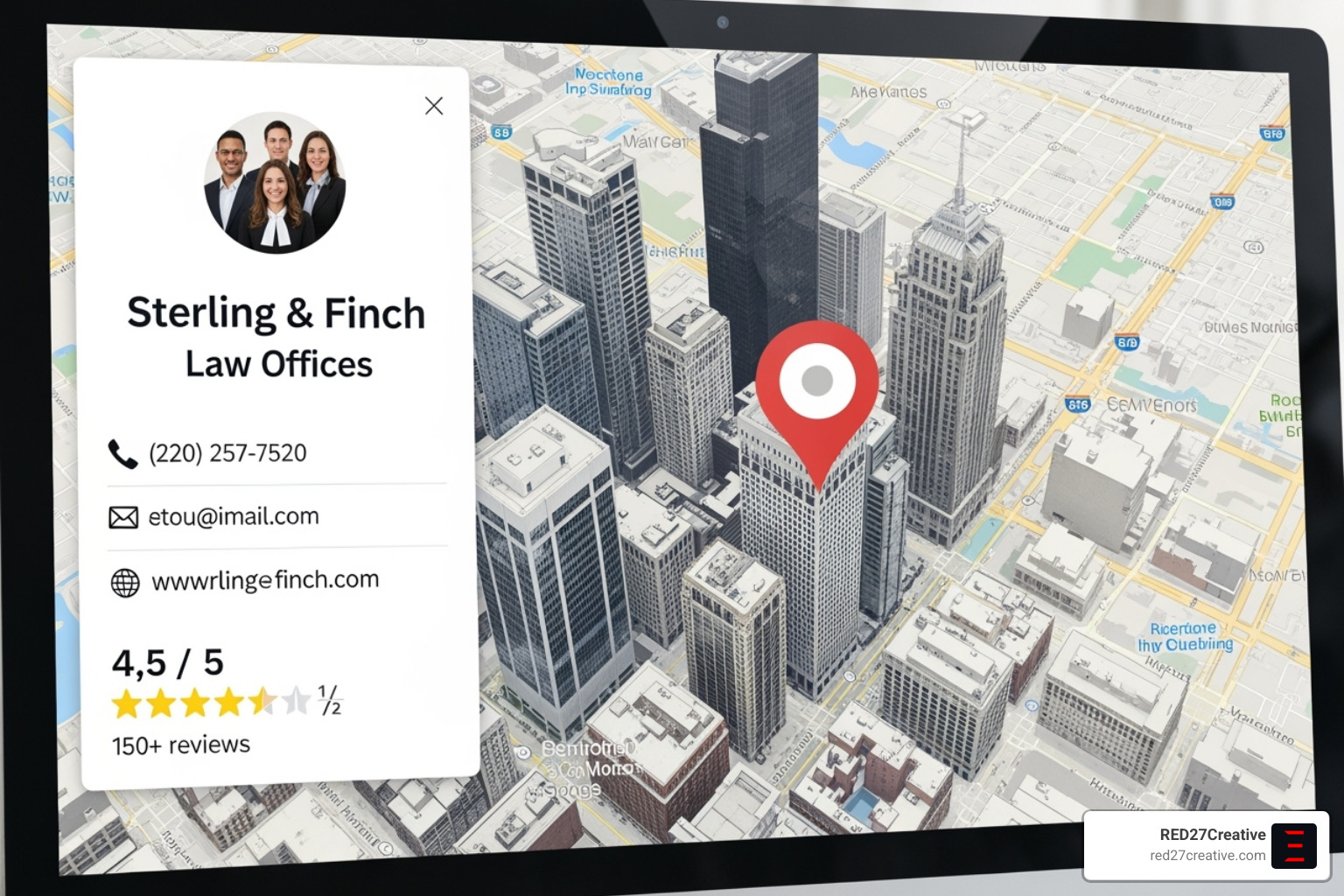 A Google Business Profile listing displayed on a map, showing a law firm's location, contact details, and reviews. - Business law SEO A Google Business Profile listing displayed on a map, showing a law firm's location, contact details, and reviews. - Business law SEO