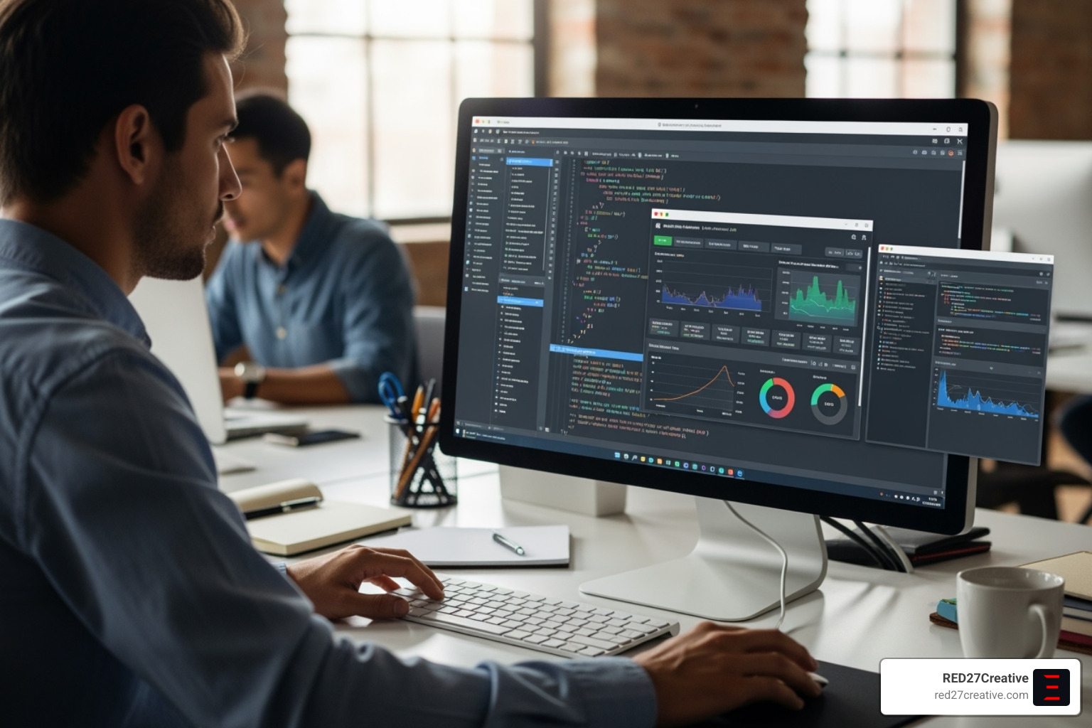 A web developer analyzing website code and performance metrics on a computer screen. - Business law SEO A web developer analyzing website code and performance metrics on a computer screen. - Business law SEO