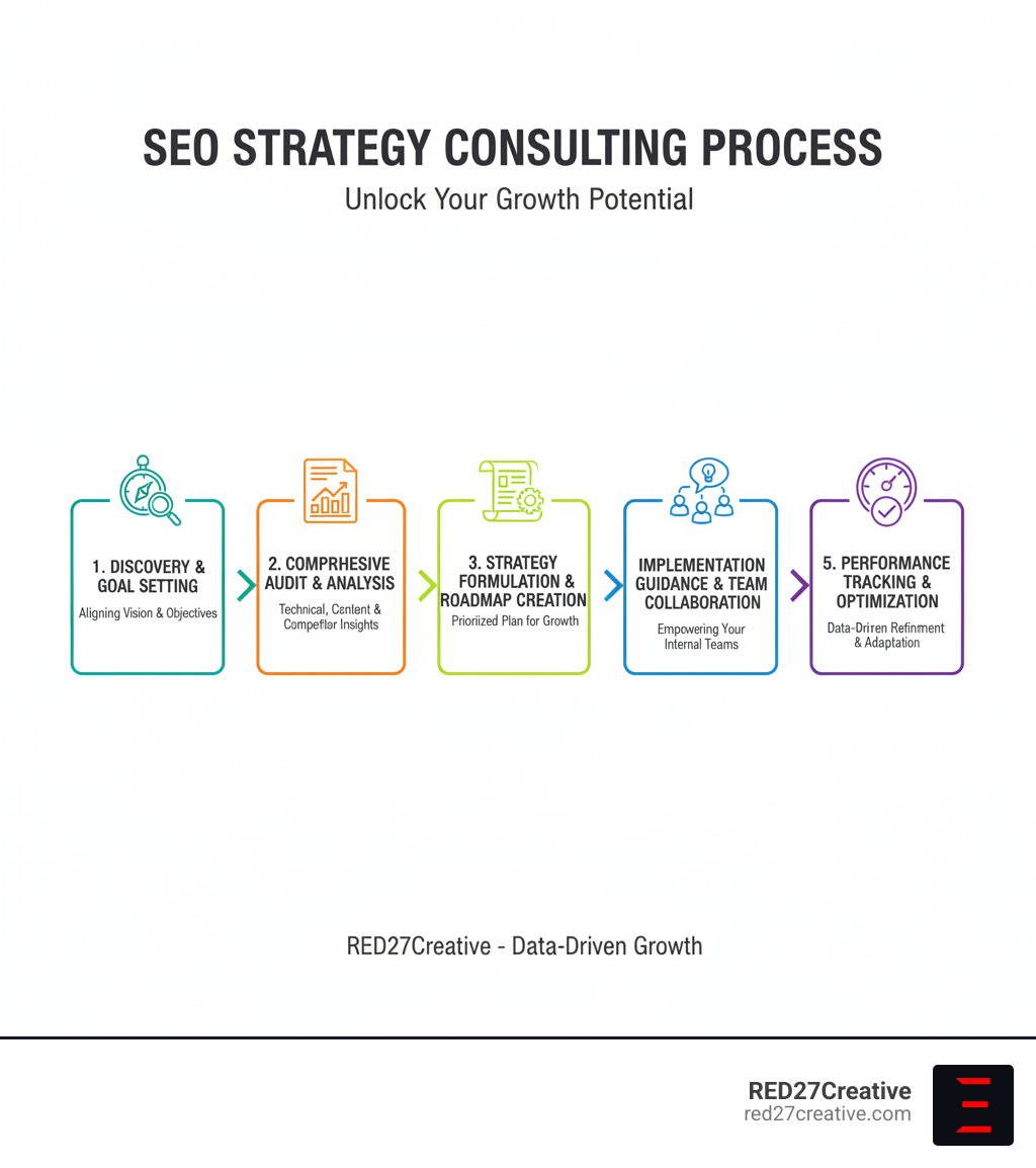 Infographic showing the SEO strategy consulting process: Discovery & Goal Setting, Comprehensive Audit & Analysis, Strategy Formulation & Roadmap Creation, Implementation Guidance & Team Collaboration, Performance Tracking & Continuous Optimization - SEO strategy consulting infographic Infographic showing the SEO strategy consulting process: Discovery & Goal Setting, Comprehensive Audit & Analysis, Strategy Formulation & Roadmap Creation, Implementation Guidance & Team Collaboration, Performance Tracking & Continuous Optimization - SEO strategy consulting infographic