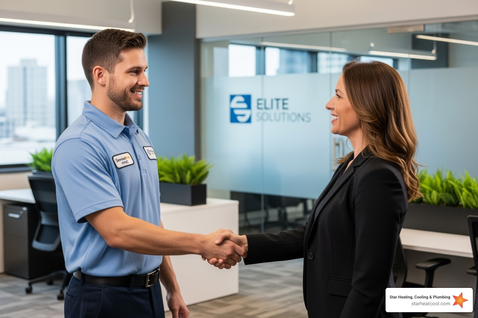 A friendly, uniformed technician shaking hands with a business owner in a commercial setting, both smiling. - commercial heating services in fishers in A friendly, uniformed technician shaking hands with a business owner in a commercial setting, both smiling. - commercial heating services in fishers in