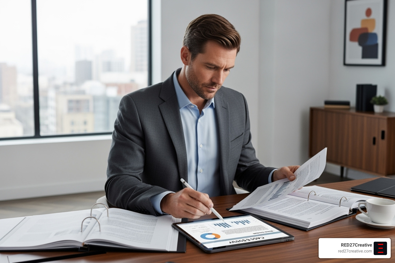 Person reviewing a consultant's portfolio and case studies - SEO strategy consulting Person reviewing a consultant's portfolio and case studies - SEO strategy consulting