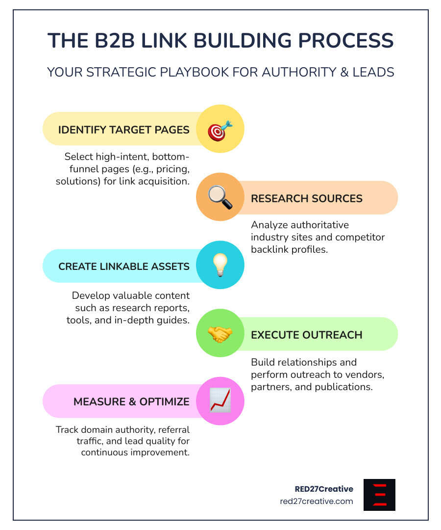 Infographic showing the B2B link building process: 1) Identify high-intent pages worth linking to, 2) Research authoritative industry sources and competitors' backlinks, 3) Create valuable content assets like research reports and tools, 4) Execute relationship-driven outreach to vendors and partners, 5) Track domain authority, referral traffic, and lead quality metrics - B2B link building infographic infographic-line-5-steps-colors Infographic showing the B2B link building process: 1) Identify high-intent pages worth linking to, 2) Research authoritative industry sources and competitors' backlinks, 3) Create valuable content assets like research reports and tools, 4) Execute relationship-driven outreach to vendors and partners, 5) Track domain authority, referral traffic, and lead quality metrics - B2B link building infographic infographic-line-5-steps-colors