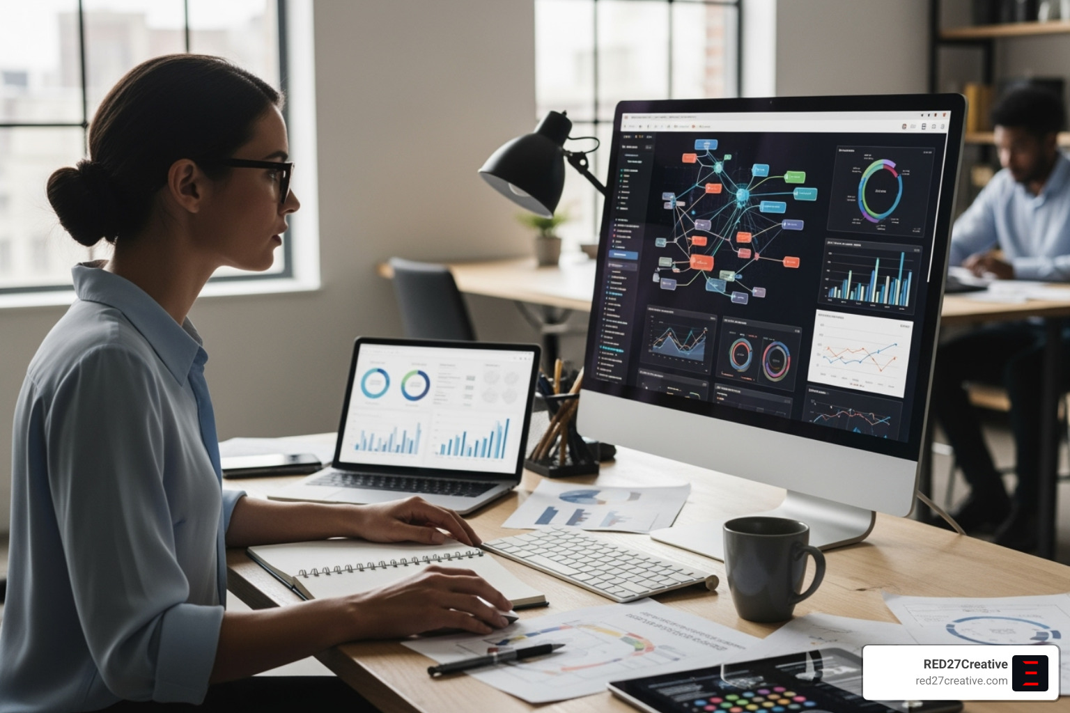 A designer developing a data visualization for a research report - B2B link building A designer developing a data visualization for a research report - B2B link building