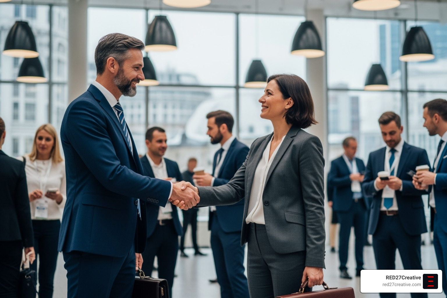 Two professionals shaking hands at a conference - B2B link building Two professionals shaking hands at a conference - B2B link building