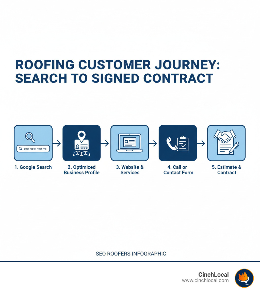 Infographic showing the customer journey from Google search to signed roofing contract: 1. Homeowner searches 