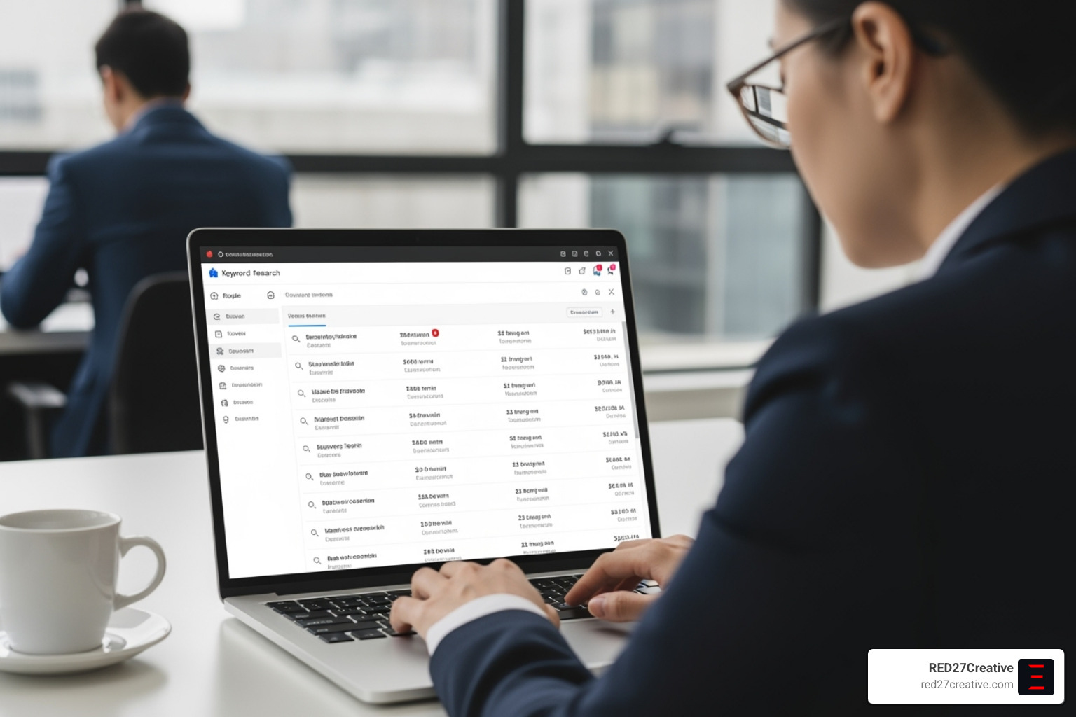 A person using a laptop with a keyword research tool open, showing various search terms and their metrics. - Business law SEO A person using a laptop with a keyword research tool open, showing various search terms and their metrics. - Business law SEO