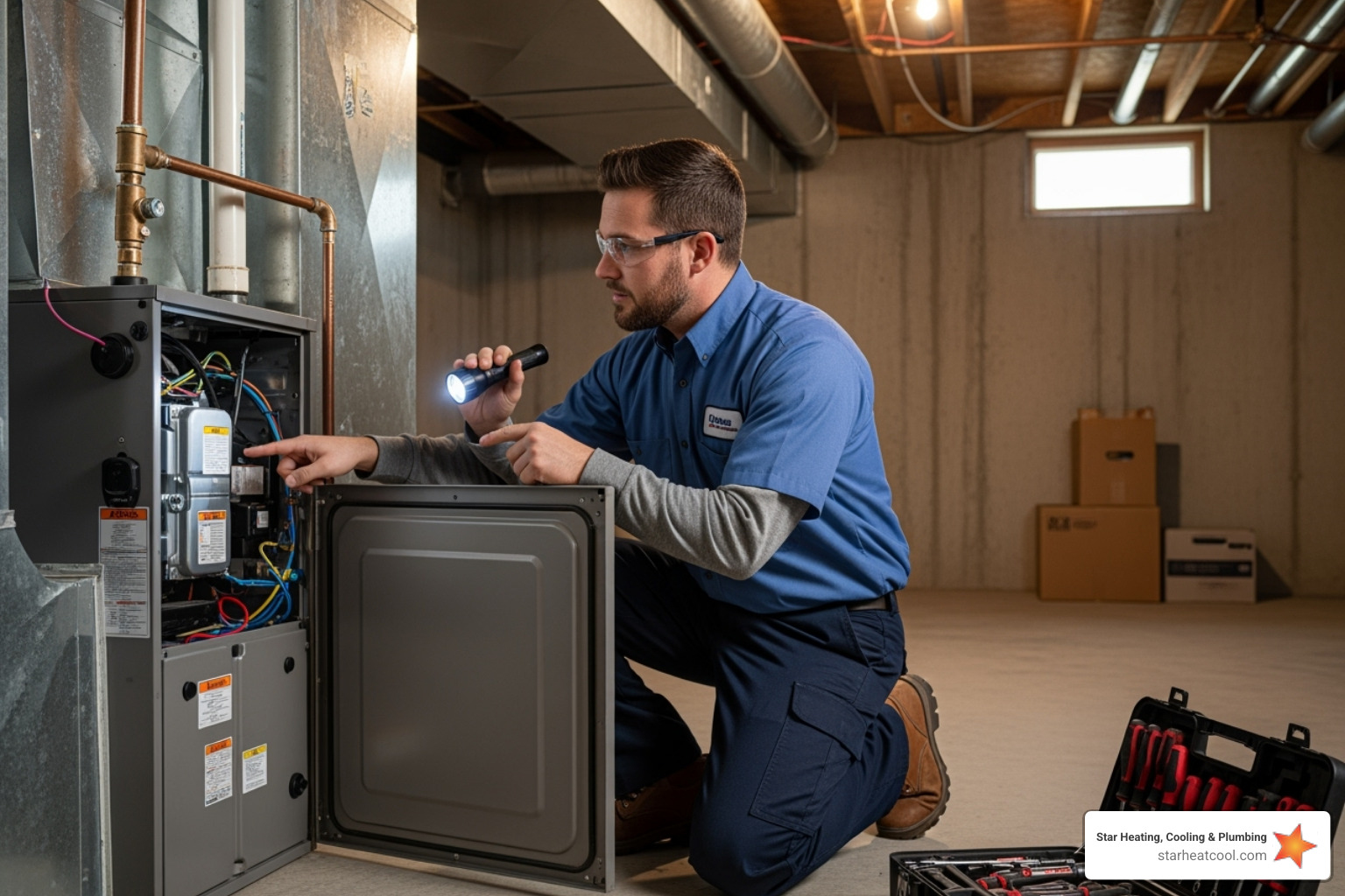 clean, professional technician inspecting a furnace - best heating services in pendleton in