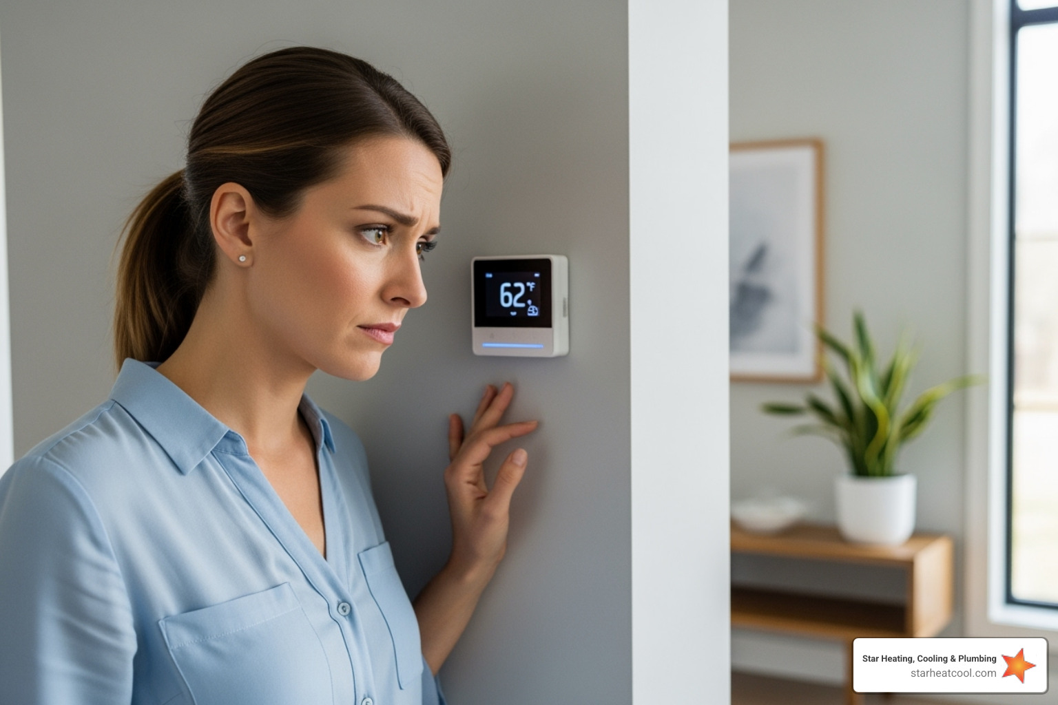 homeowner looking at a thermostat with a concerned expression - best heating services in pendleton in