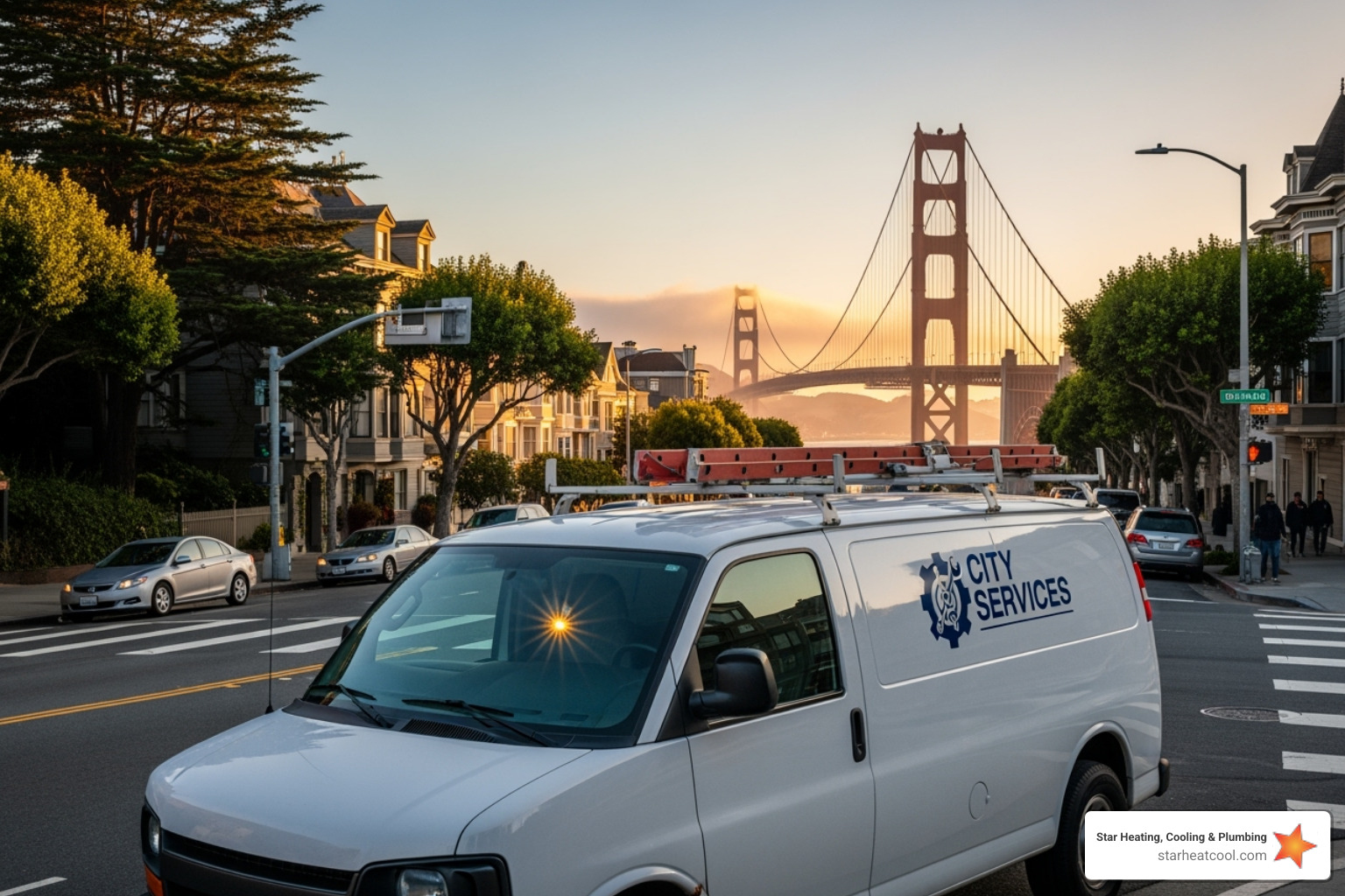 service van with a local landmark in the background - best heating services in pendleton in