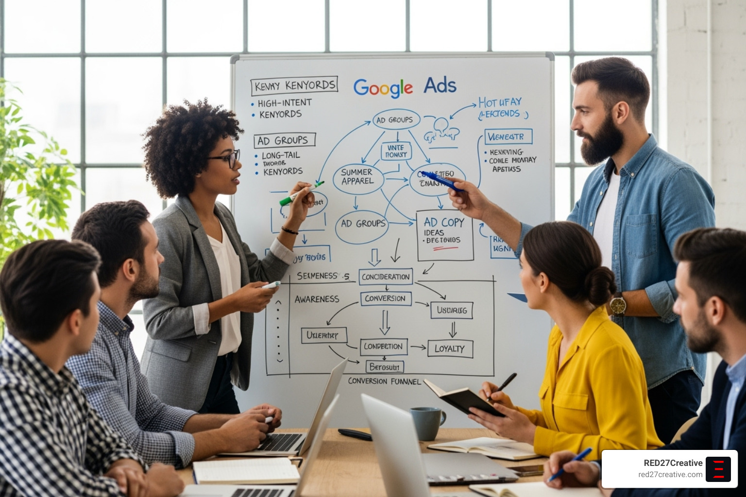 A diverse marketing team collaborating around a whiteboard, sketching out a Google Ads strategy with keywords, ad groups, and conversion funnels - google ads management services A diverse marketing team collaborating around a whiteboard, sketching out a Google Ads strategy with keywords, ad groups, and conversion funnels - google ads management services