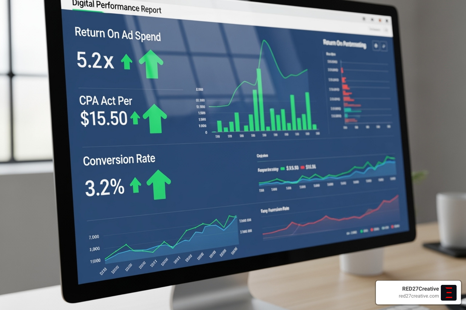 A digital performance report displaying key metrics like ROAS, CPA, and conversion rate, with green upward arrows indicating positive growth and clear, actionable insights - google ads management services A digital performance report displaying key metrics like ROAS, CPA, and conversion rate, with green upward arrows indicating positive growth and clear, actionable insights - google ads management services
