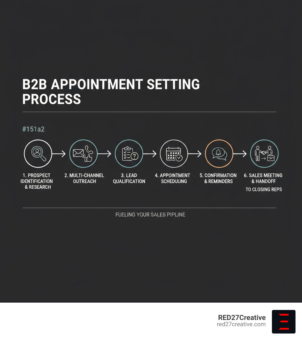 Infographic showing the B2B appointment setting process: starting with prospect identification and research, moving through multi-channel outreach (email, phone, social media), then lead qualification, appointment scheduling, confirmation and reminders, and finally the sales meeting with a warm handoff to closing reps - b2b appointment setting infographic Infographic showing the B2B appointment setting process: starting with prospect identification and research, moving through multi-channel outreach (email, phone, social media), then lead qualification, appointment scheduling, confirmation and reminders, and finally the sales meeting with a warm handoff to closing reps - b2b appointment setting infographic