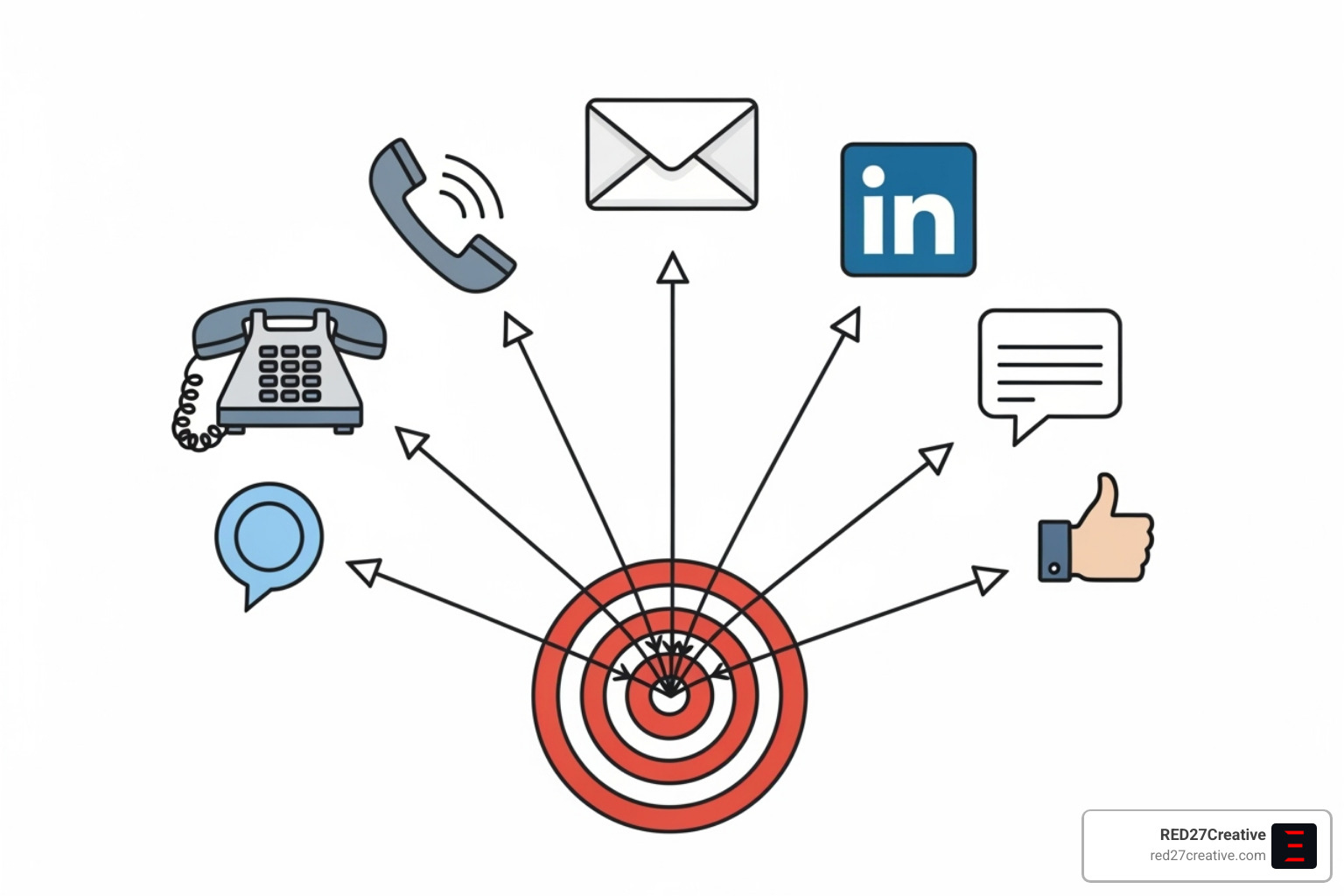 Illustration of a multi-channel outreach strategy showing icons for phone, email, LinkedIn, and social media connected to a central target - b2b appointment setting Illustration of a multi-channel outreach strategy showing icons for phone, email, LinkedIn, and social media connected to a central target - b2b appointment setting