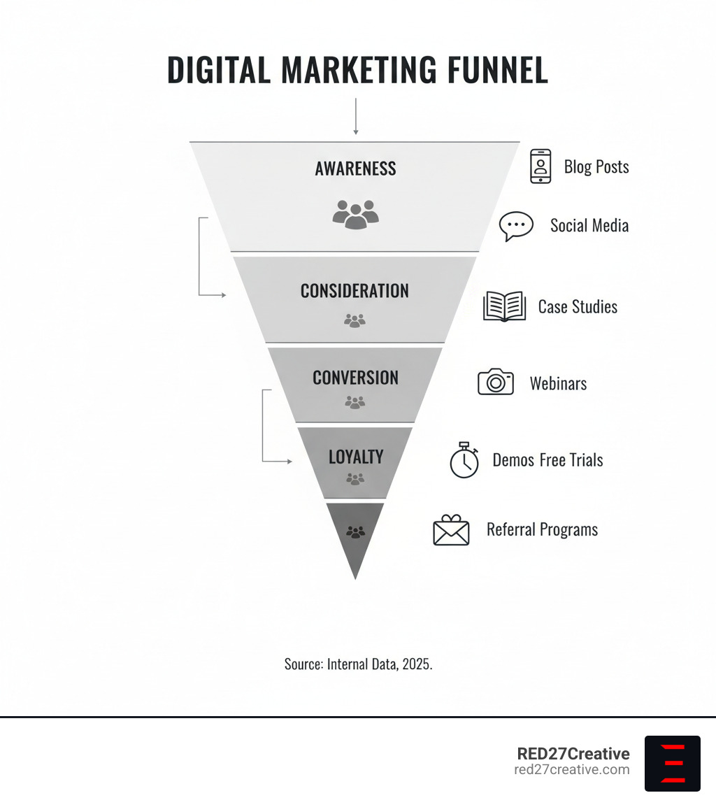 Infographic showing the digital marketing funnel stages from top to bottom: Awareness stage with blog posts and social media, Consideration stage with case studies and webinars, Conversion stage with demos and trials, and Loyalty stage with email nurturing and referral programs. Each stage shows decreasing audience size and specific tactics used. - Digital marketing funnels infographic Infographic showing the digital marketing funnel stages from top to bottom: Awareness stage with blog posts and social media, Consideration stage with case studies and webinars, Conversion stage with demos and trials, and Loyalty stage with email nurturing and referral programs. Each stage shows decreasing audience size and specific tactics used. - Digital marketing funnels infographic
