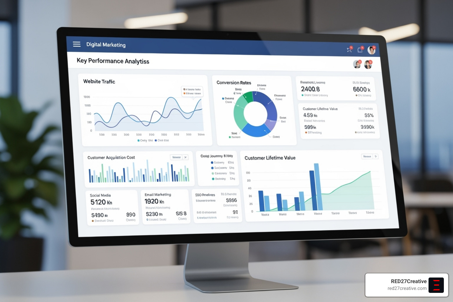 A marketing analytics dashboard displaying various key performance indicators (KPIs) such as website traffic, conversion rates, customer acquisition cost, and customer lifetime value, with charts and graphs indicating trends and areas for optimization. - Digital marketing funnels A marketing analytics dashboard displaying various key performance indicators (KPIs) such as website traffic, conversion rates, customer acquisition cost, and customer lifetime value, with charts and graphs indicating trends and areas for optimization. - Digital marketing funnels