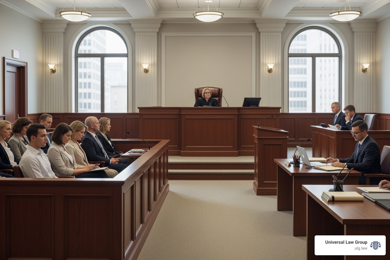 a courtroom with a jury box and potential jurors - what happens if you miss jury duty