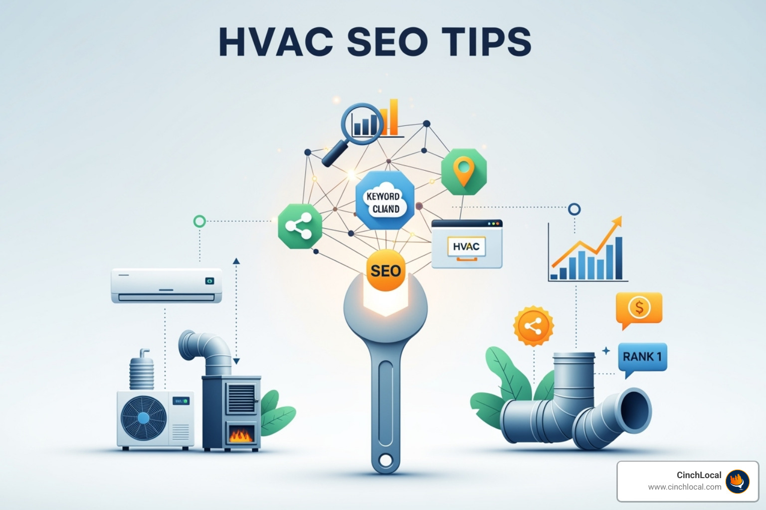 A fully optimized Google Business Profile for an HVAC company displayed within the Google Map Pack results, showing business name, rating, address, hours, and a prominent call button. - hvac seo tips