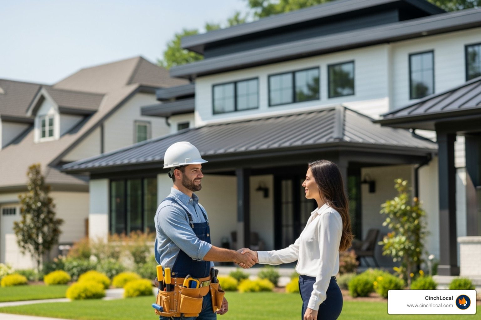 contractor shaking hands with a client in front of a newly renovated roof, symbolizing successful partnership and project completion - hvac plumber seo webmasters contractor shaking hands with a client in front of a newly renovated roof, symbolizing successful partnership and project completion - hvac plumber seo webmasters