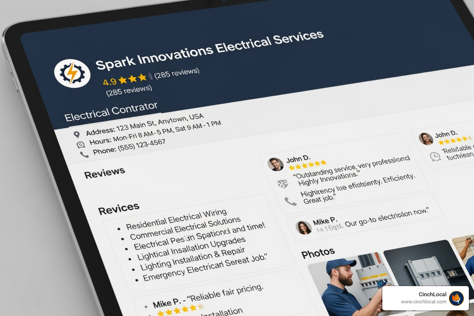 A well-optimized Google Business Profile for an electrical contractor showing business details, reviews, and services - electrician seo agency A well-optimized Google Business Profile for an electrical contractor showing business details, reviews, and services - electrician seo agency