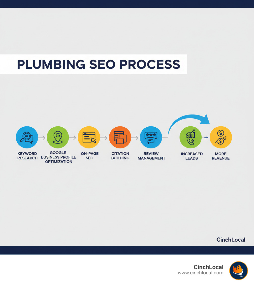 Visual breakdown of the plumbing SEO process: keyword research, Google Business Profile optimization, on-page SEO, citation building, and review management, leading to increased leads and revenue - plumbing SEO infographic 