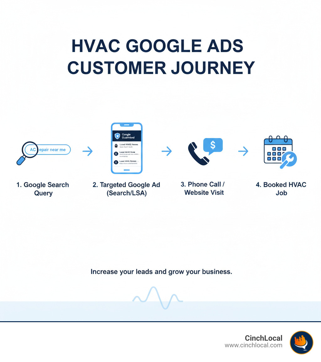 Infographic showing the customer journey from Google search query to booked HVAC job through targeted Google Ads campaign - hvac google ads infographic 