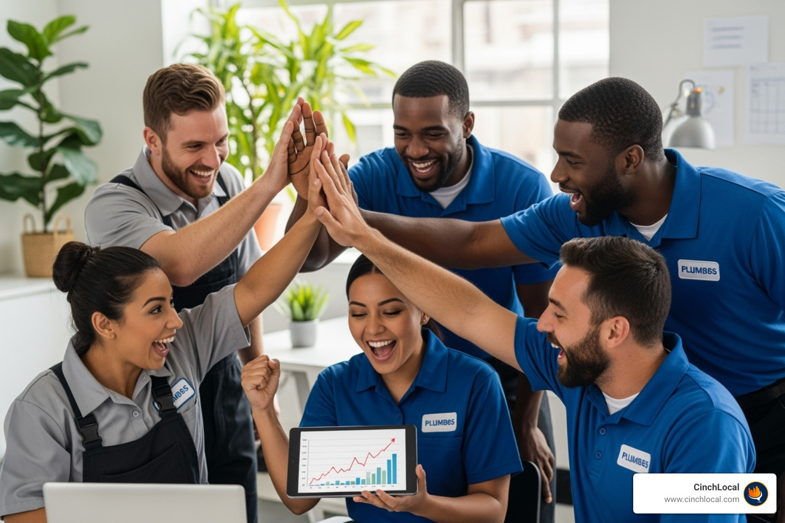 Team of contractors celebrating a successful online lead, symbolizing the results of effective plumbing SEO. - plumbing SEO