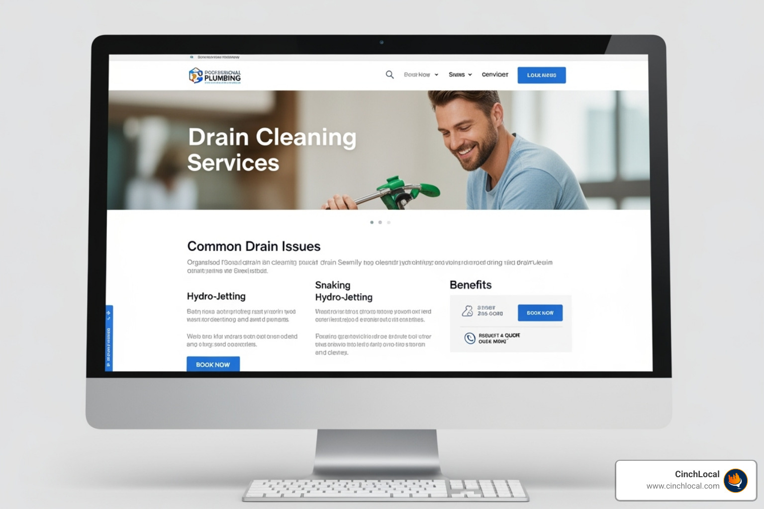 Plumbing website service page for 'Drain Cleaning' with clear headings and calls-to-action, demonstrating effective on-page SEO. - plumbing SEO